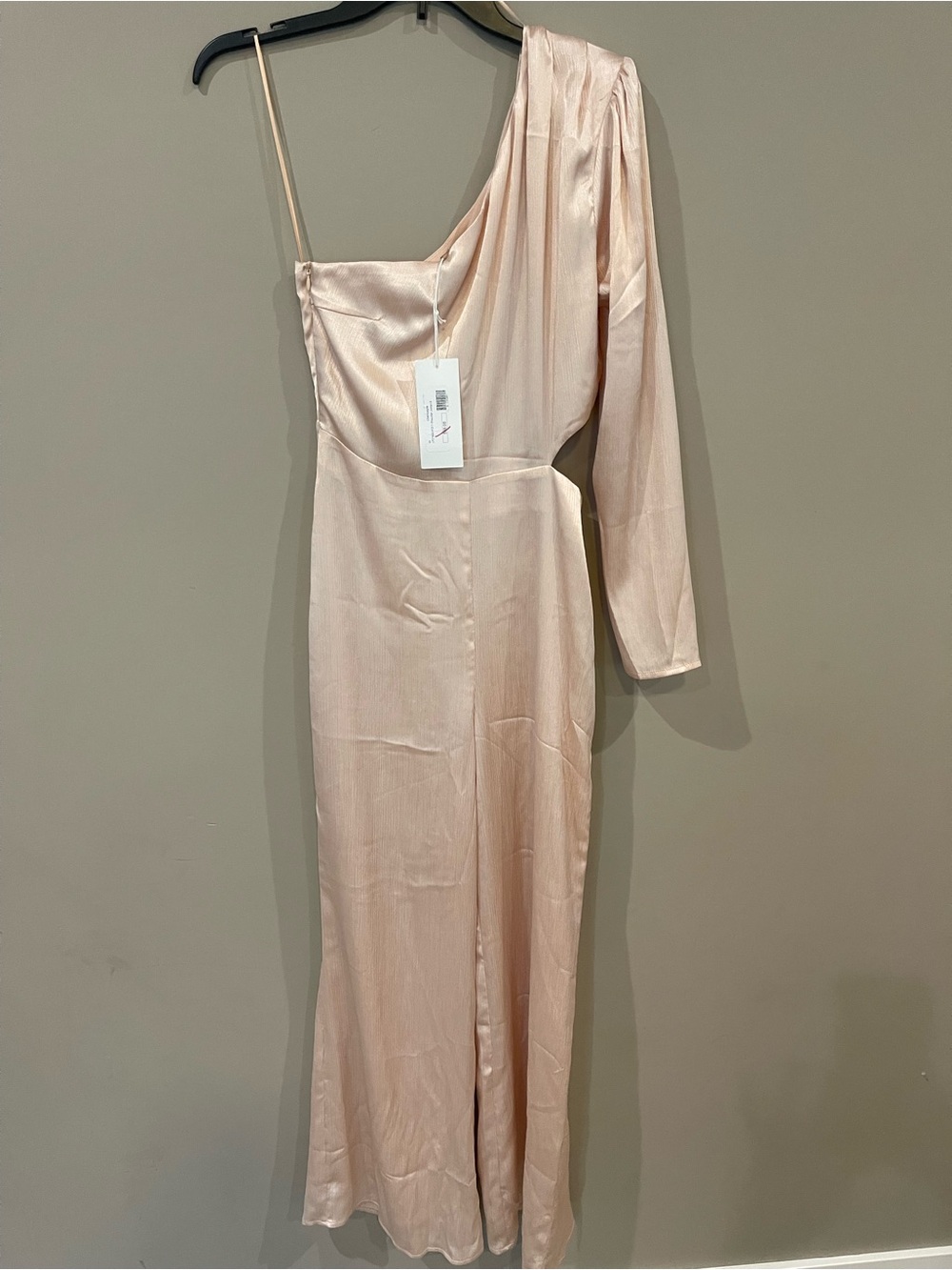 Lush One-Shoulder Satin Jumpsuit in Blush Pink